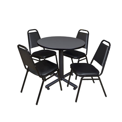 30 in. Round X-Base Breakroom Table- Grey, 4 Restaurant Stack Chairs- Black
