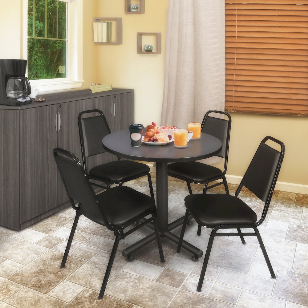 30 in. Round X-Base Breakroom Table- Grey, 4 Restaurant Stack Chairs- Black