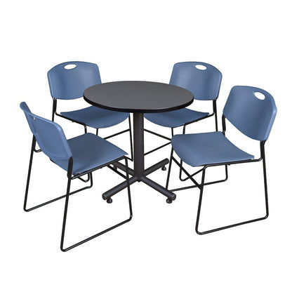 30 in. Round X-Base Breakroom Table- Grey, 4 Zeng Stack Chairs- Blue