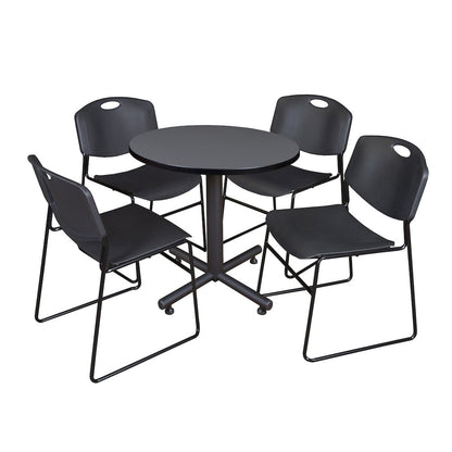 30 in. Round X-Base Breakroom Table- Grey, 4 Zeng Stack Chairs- Black