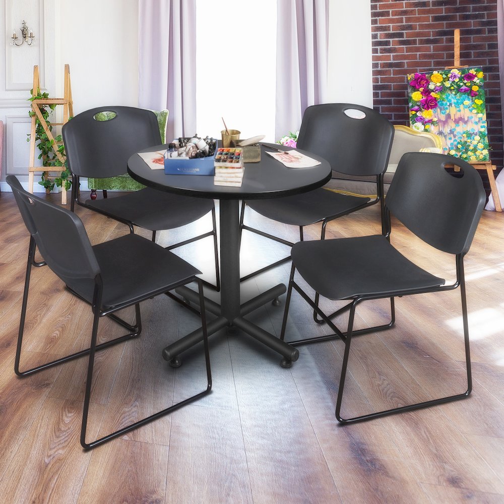 30 in. Round X-Base Breakroom Table- Grey, 4 Zeng Stack Chairs- Black