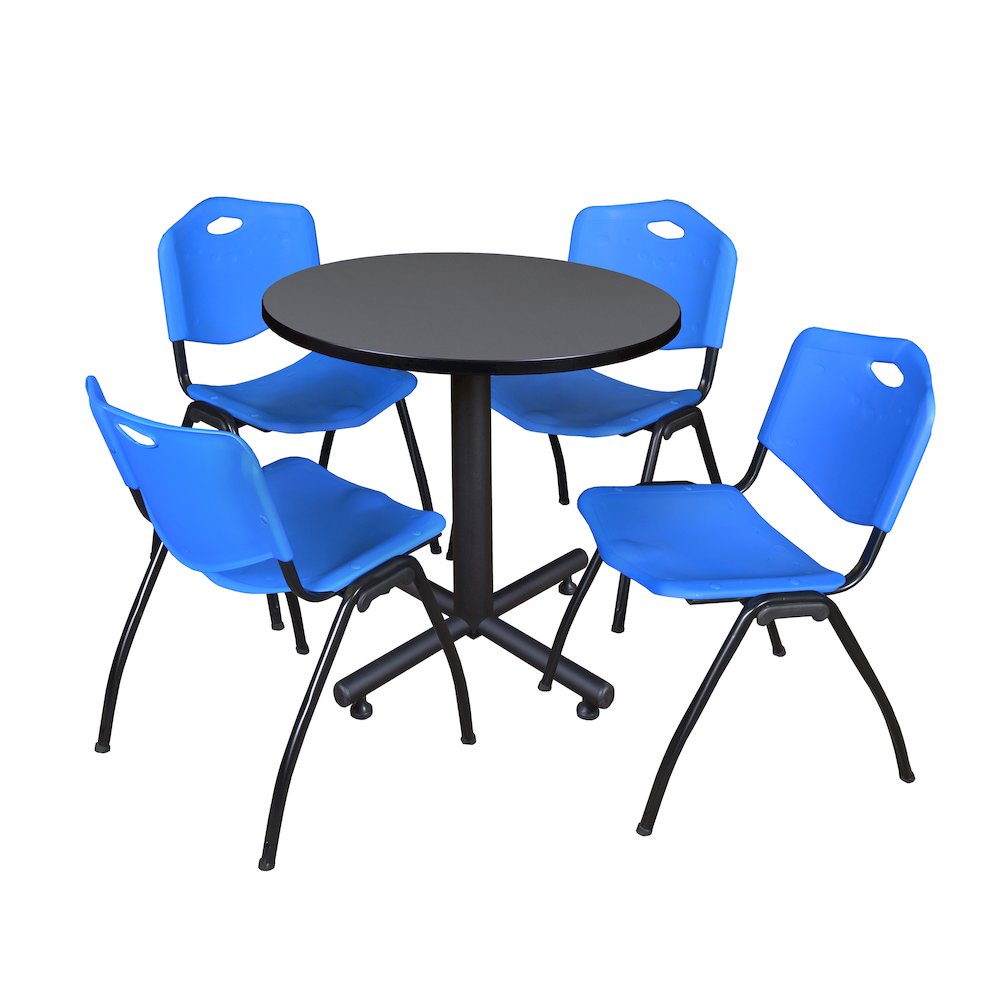 30 in. Round X-Base Breakroom Table- Grey, 4 M Stack Chairs- Blue