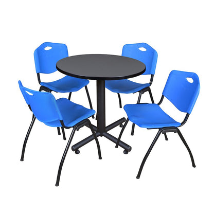 30 in. Round X-Base Breakroom Table- Grey, 4 M Stack Chairs- Blue