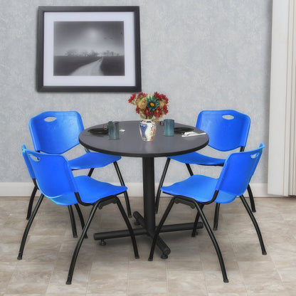 30 in. Round X-Base Breakroom Table- Grey, 4 M Stack Chairs- Blue