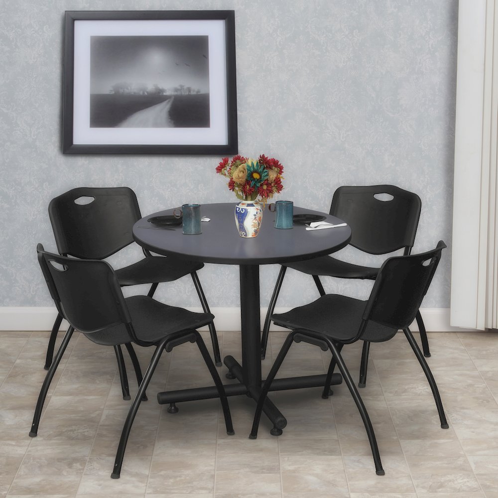 30 in. Round X-Base Breakroom Table- Grey, 4 M Stack Chairs- Black