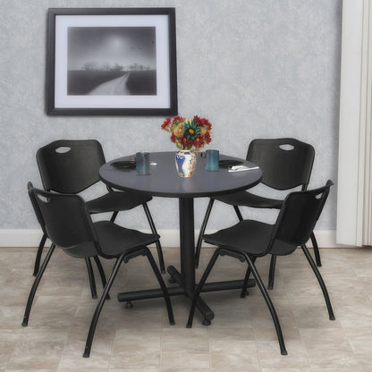 30 in. Round X-Base Breakroom Table- Grey, 4 M Stack Chairs- Black
