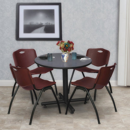 30 in. Round X-Base Breakroom Table- Grey, 4 M Stack Chairs- Burgundy