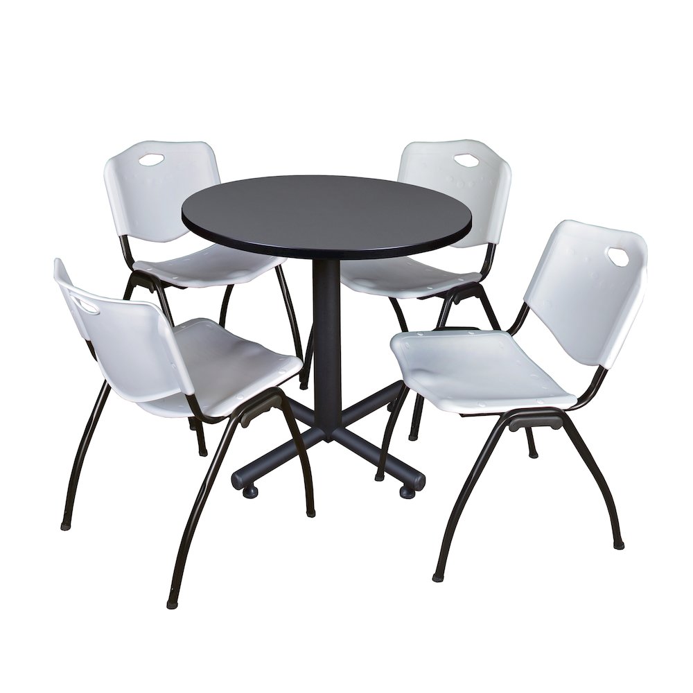 30 in. Round X-Base Breakroom Table- Grey, 4 M Stack Chairs- Grey
