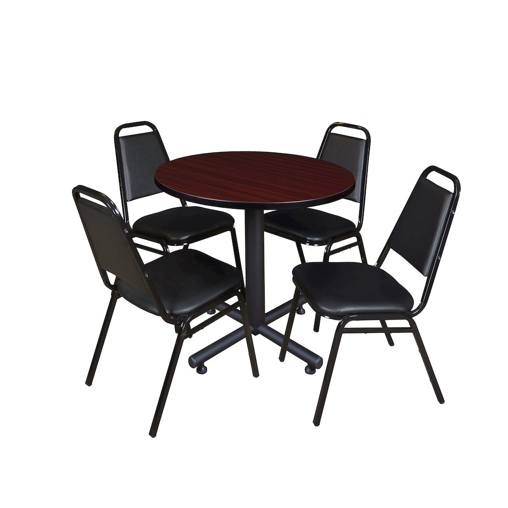 30 in. Round X-Base Breakroom Table- Mahogany, 4 Restaurant Stack Chairs- Black