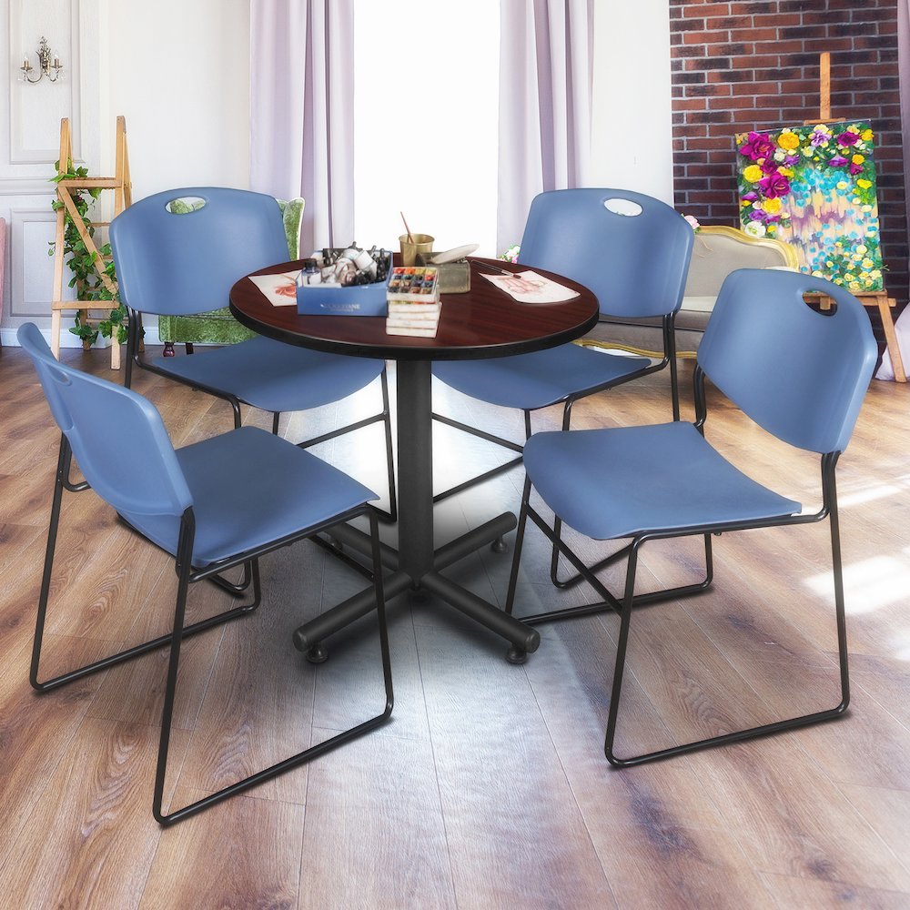 30 in. Round X-Base Breakroom Table- Mahogany, 4 Zeng Stack Chairs- Blue