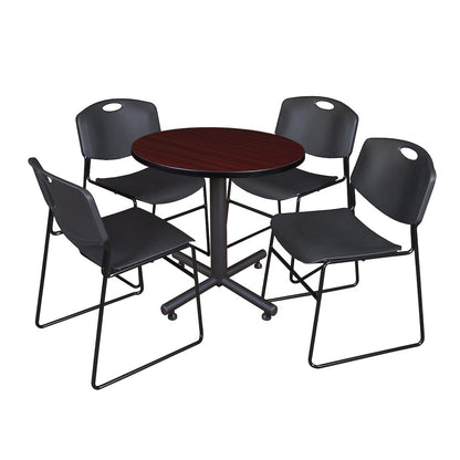 30 in. Round X-Base Breakroom Table- Mahogany, 4 Zeng Stack Chairs- Black