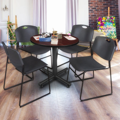 30 in. Round X-Base Breakroom Table- Mahogany, 4 Zeng Stack Chairs- Black