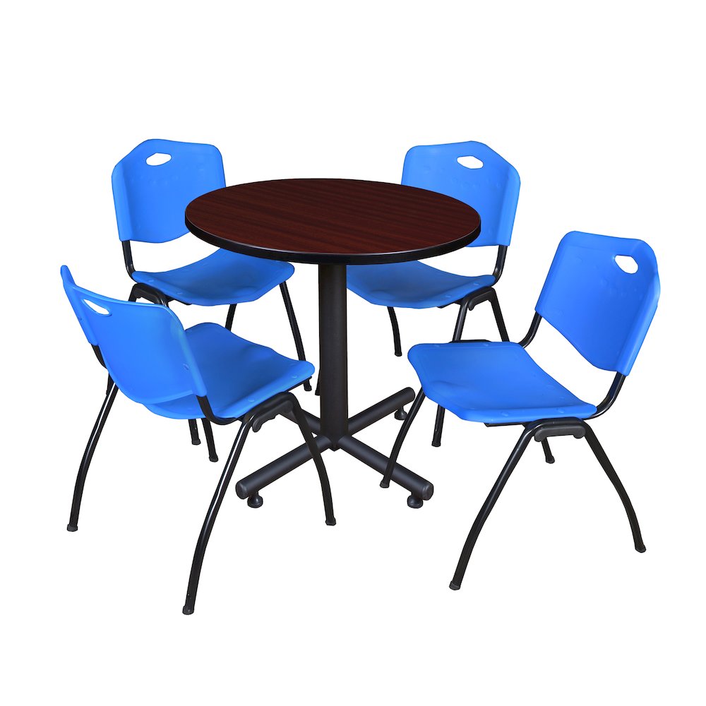 30 in. Round X-Base Breakroom Table- Mahogany, 4 M Stack Chairs- Blue
