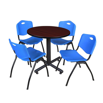 30 in. Round X-Base Breakroom Table- Mahogany, 4 M Stack Chairs- Blue