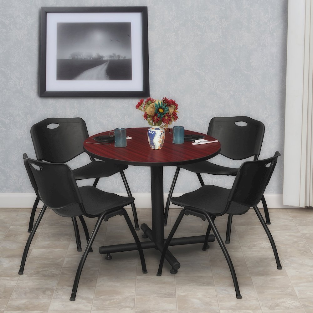 30 in. Round X-Base Breakroom Table- Mahogany, 4 M Stack Chairs- Black
