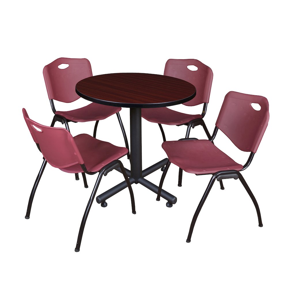 30 in. Round X-Base Breakroom Table- Mahogany, 4 M Stack Chairs- Burgundy