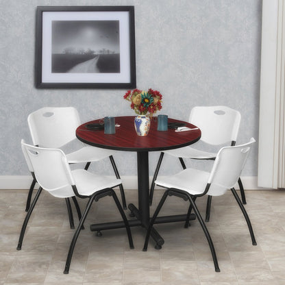 30 in. Round X-Base Breakroom Table- Mahogany, 4 M Stack Chairs- Grey