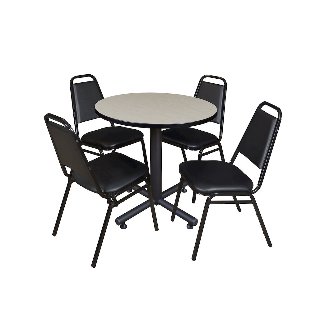 30 in. Round X-Base Breakroom Table- Maple, 4 Restaurant Stack Chairs- Black