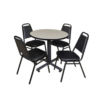 30 in. Round X-Base Breakroom Table- Maple, 4 Restaurant Stack Chairs- Black