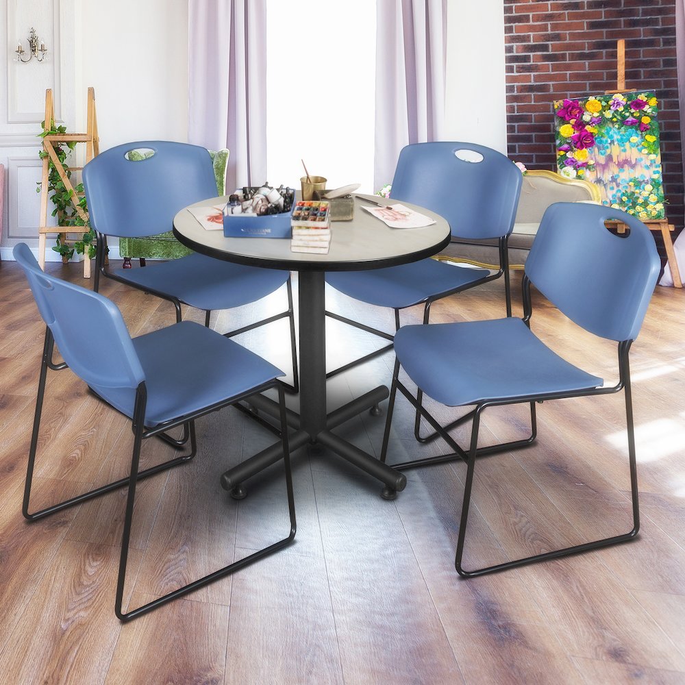 30 in. Round X-Base Breakroom Table- Maple, 4 Zeng Stack Chairs- Blue
