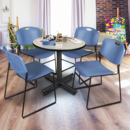 30 in. Round X-Base Breakroom Table- Maple, 4 Zeng Stack Chairs- Blue
