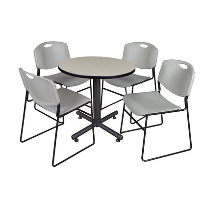 30 in. Round X-Base Breakroom Table- Maple, 4 Zeng Stack Chairs- Grey