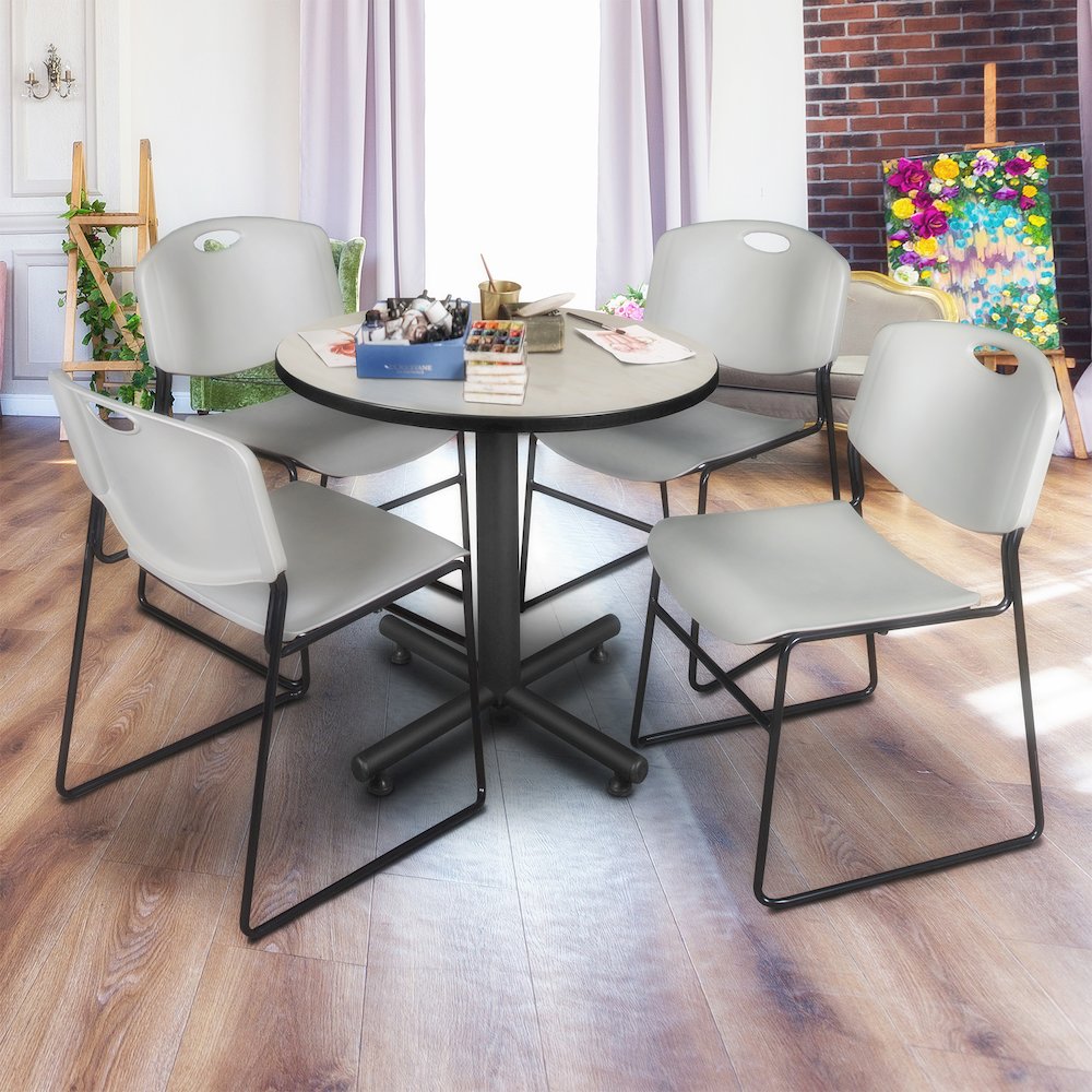 30 in. Round X-Base Breakroom Table- Maple, 4 Zeng Stack Chairs- Grey