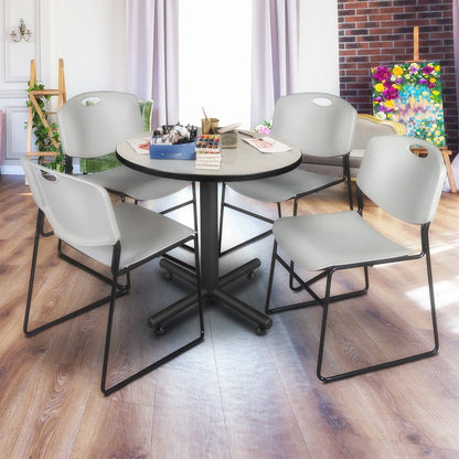 30 in. Round X-Base Breakroom Table- Maple, 4 Zeng Stack Chairs- Grey