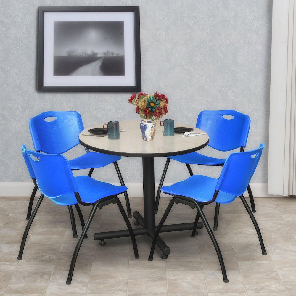 30 in. Round X-Base Breakroom Table- Maple, 4 M Stack Chairs- Blue