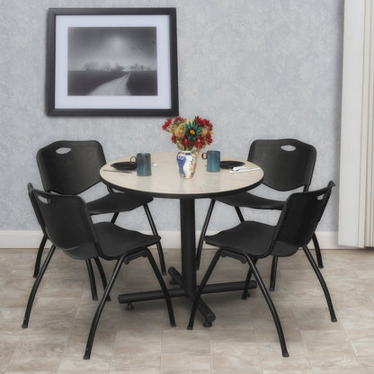 30 in. Round X-Base Breakroom Table- Maple, 4 M Stack Chairs- Black