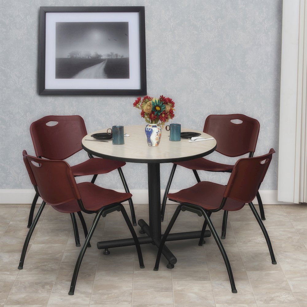 30 in. Round X-Base Breakroom Table- Maple, 4 M Stack Chairs- Burgundy
