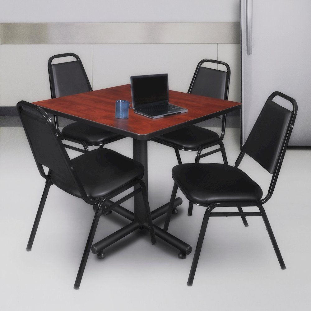 36 in. Square X-Base Breakroom Table- Cherry, 4 Restaurant Stack Chairs- Black