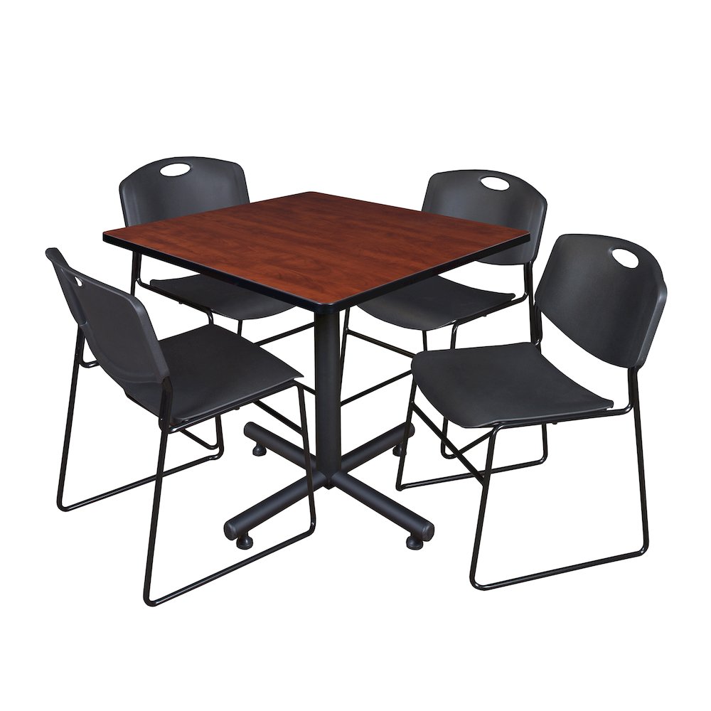 36 in. Square X-Base Breakroom Table- Cherry, 4 Zeng Stack Chairs- Black