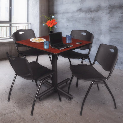 36 in. Square X-Base Breakroom Table- Cherry, 4 M Stack Chairs- Black