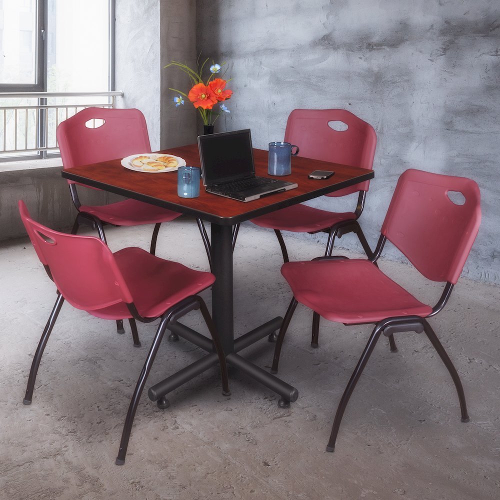 36 in. Square X-Base Breakroom Table- Cherry, 4 M Stack Chairs- Burgundy