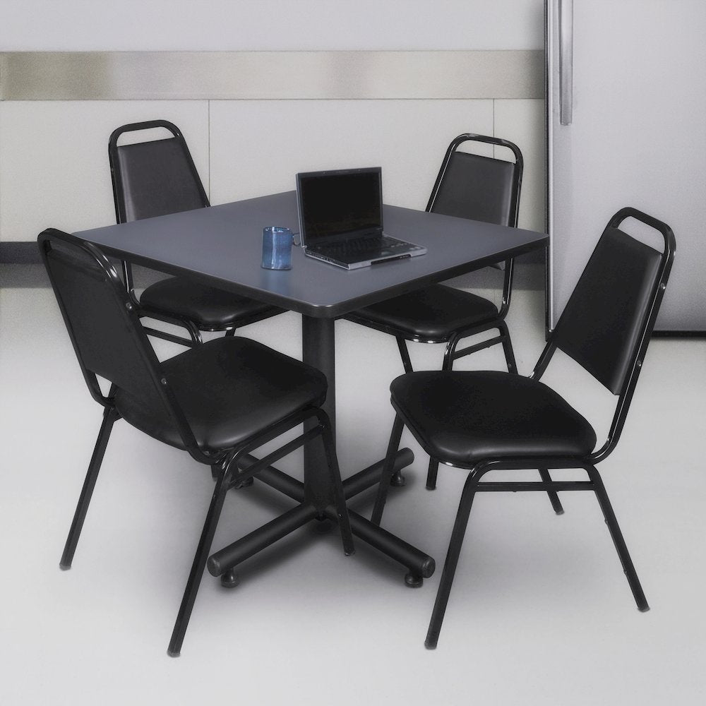 36 in. Square X-Base Breakroom Table- Grey, 4 Restaurant Stack Chairs- Black