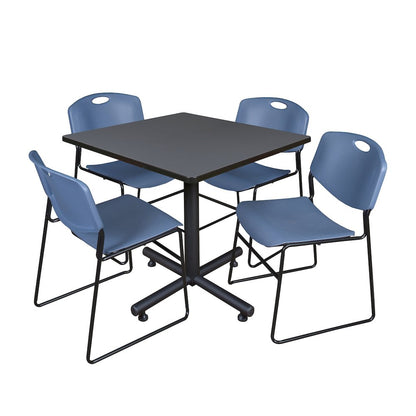 36 in. Square X-Base Breakroom Table- Grey, 4 Zeng Stack Chairs- Blue