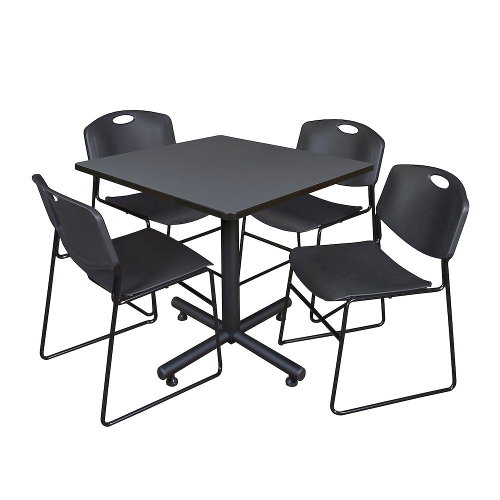 36 in. Square X-Base Breakroom Table- Grey, 4 Zeng Stack Chairs- Black