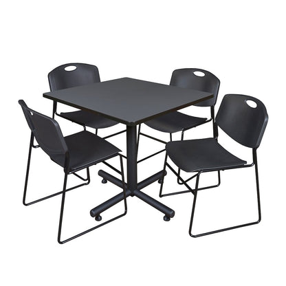 36 in. Square X-Base Breakroom Table- Grey, 4 Zeng Stack Chairs- Black