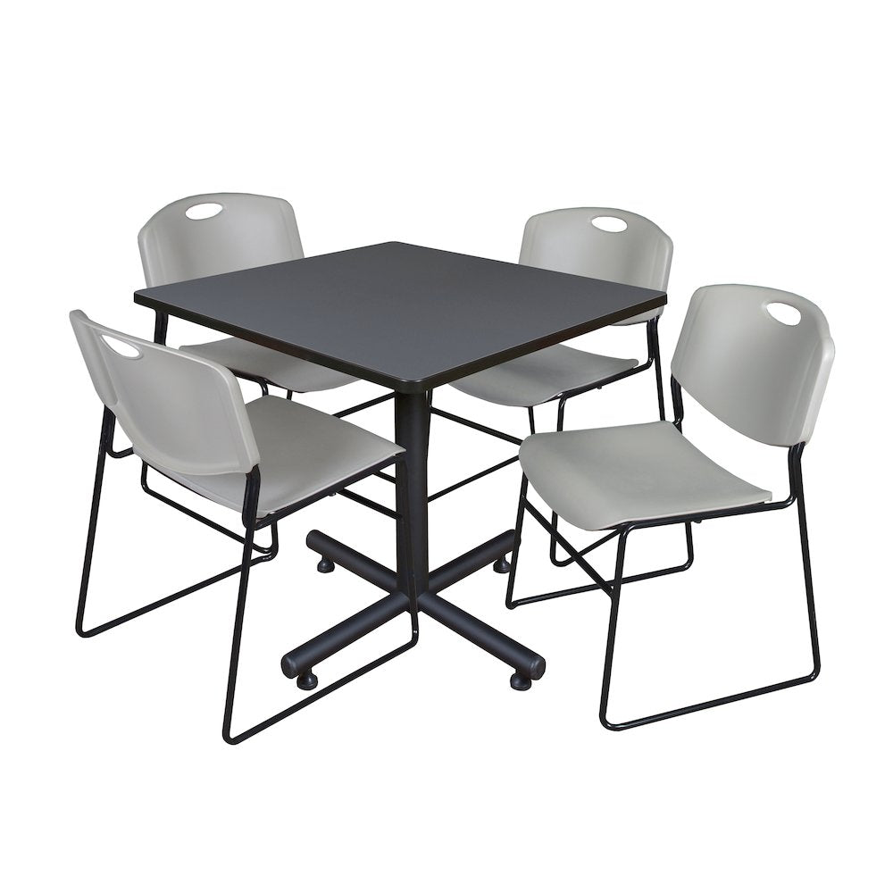 36 in. Square X-Base Breakroom Table- Grey, 4 Zeng Stack Chairs- Grey