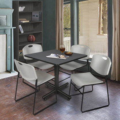 36 in. Square X-Base Breakroom Table- Grey, 4 Zeng Stack Chairs- Grey