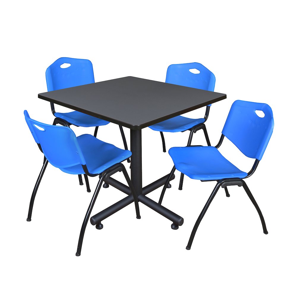 36 in. Square X-Base Breakroom Table- Grey, 4 M Stack Chairs- Blue