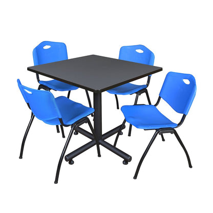 36 in. Square X-Base Breakroom Table- Grey, 4 M Stack Chairs- Blue