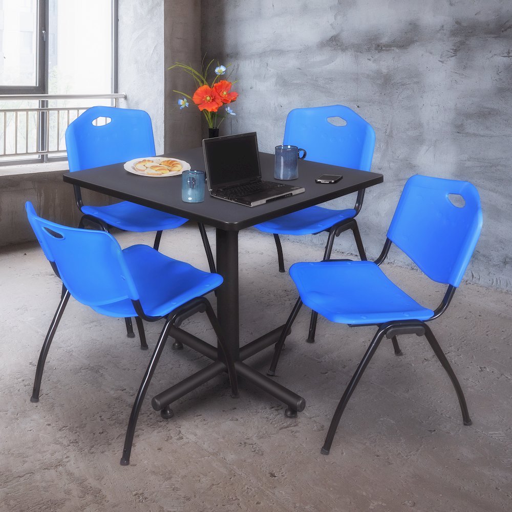 36 in. Square X-Base Breakroom Table- Grey, 4 M Stack Chairs- Blue