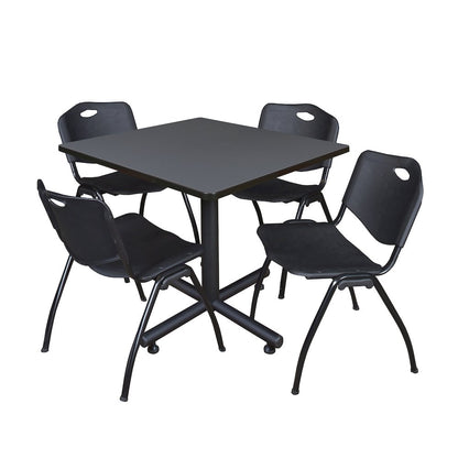 36 in. Square X-Base Breakroom Table- Grey, 4 M Stack Chairs- Black