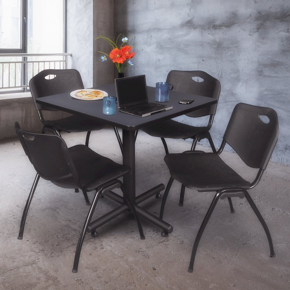 36 in. Square X-Base Breakroom Table- Grey, 4 M Stack Chairs- Black