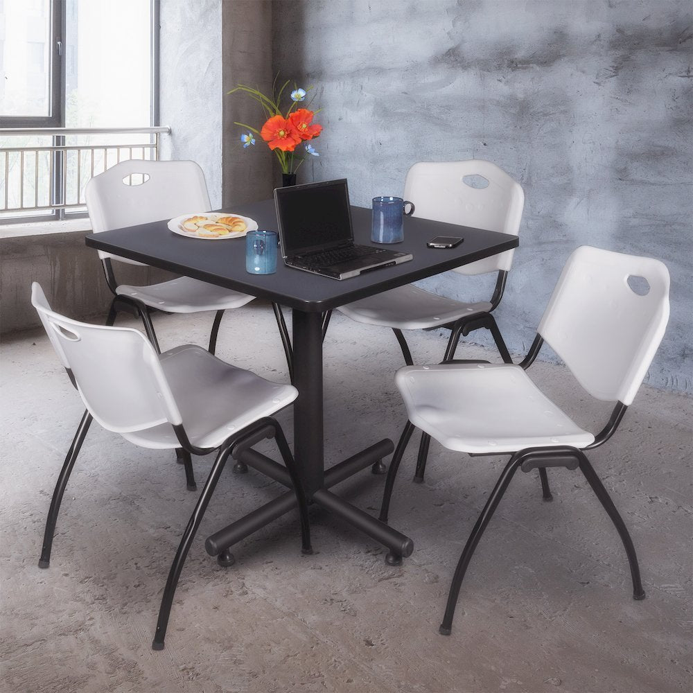 36 in. Square X-Base Breakroom Table- Grey, 4 M Stack Chairs- Grey