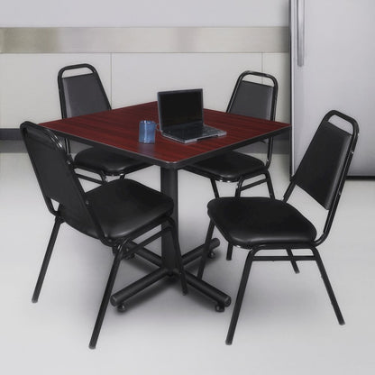 36 in. Square X-Base Breakroom Table- Mahogany, 4 Restaurant Stack Chairs- Black