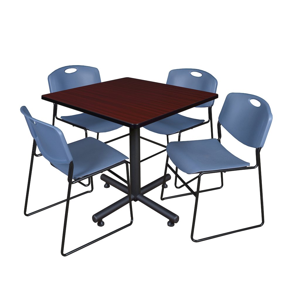 36 in. Square X-Base Breakroom Table- Mahogany, 4 Zeng Stack Chairs- Blue