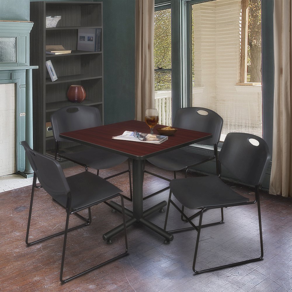 36 in. Square X-Base Breakroom Table- Mahogany, 4 Zeng Stack Chairs- Black